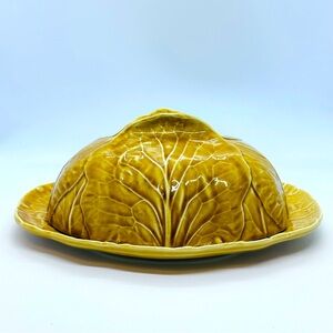 Bordallo Pinheiro Gold/Yellow Cabbage Leaf Oval Domed Cheese Butter Dish 9"
